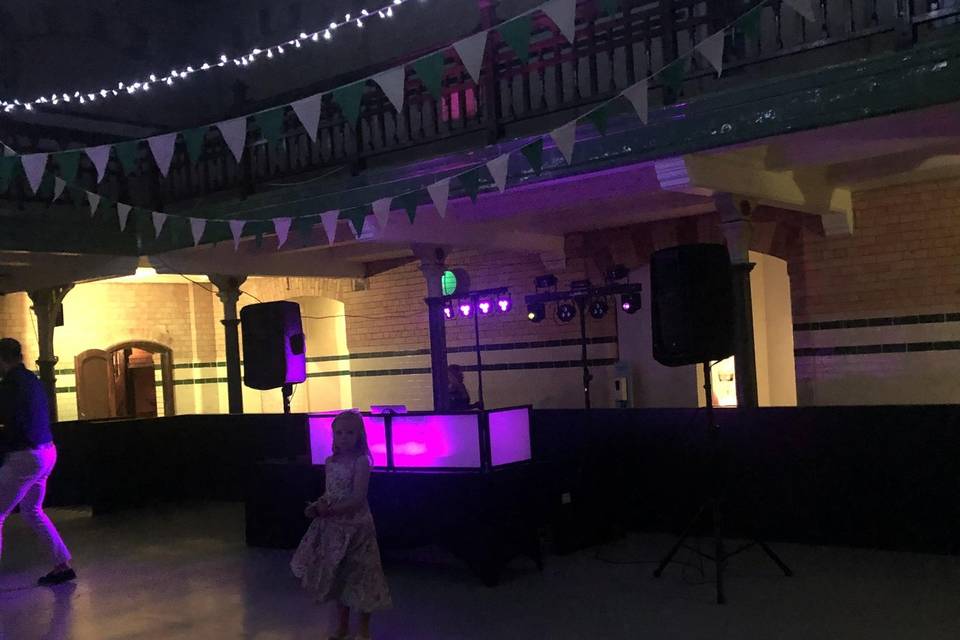 Wedding DJ lighting and booth at Victoria Baths